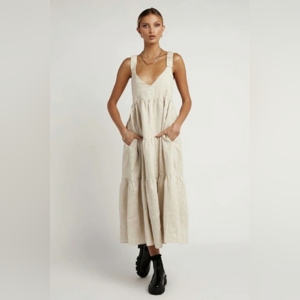DISSH NATURAL NEUTRAL LINEN AMY CROSSBACK MIDI DRESS AU10 US6